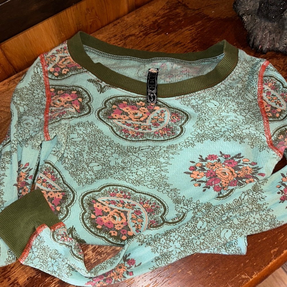 Free People Mint Green Floral Long Sleeve Top with Olive Trim